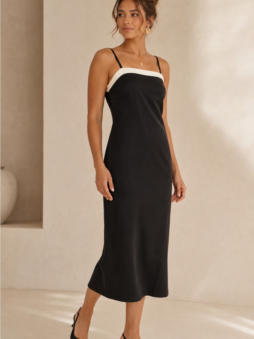 Idem Ditto Black & White Contrast Square Neck Open Back Midi Dress NWT